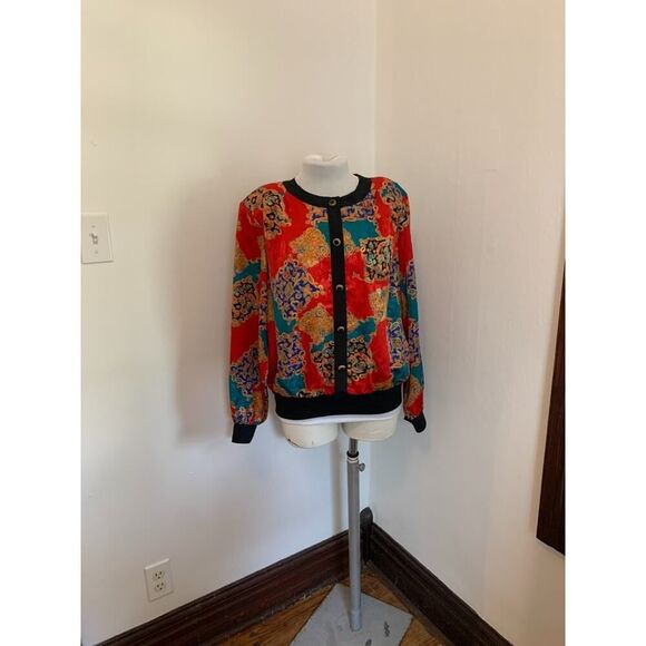VTG Notations Versace Look Jacket Top 16W Red Satin Abstract Ornate Button Crop - Picture 4 of 16